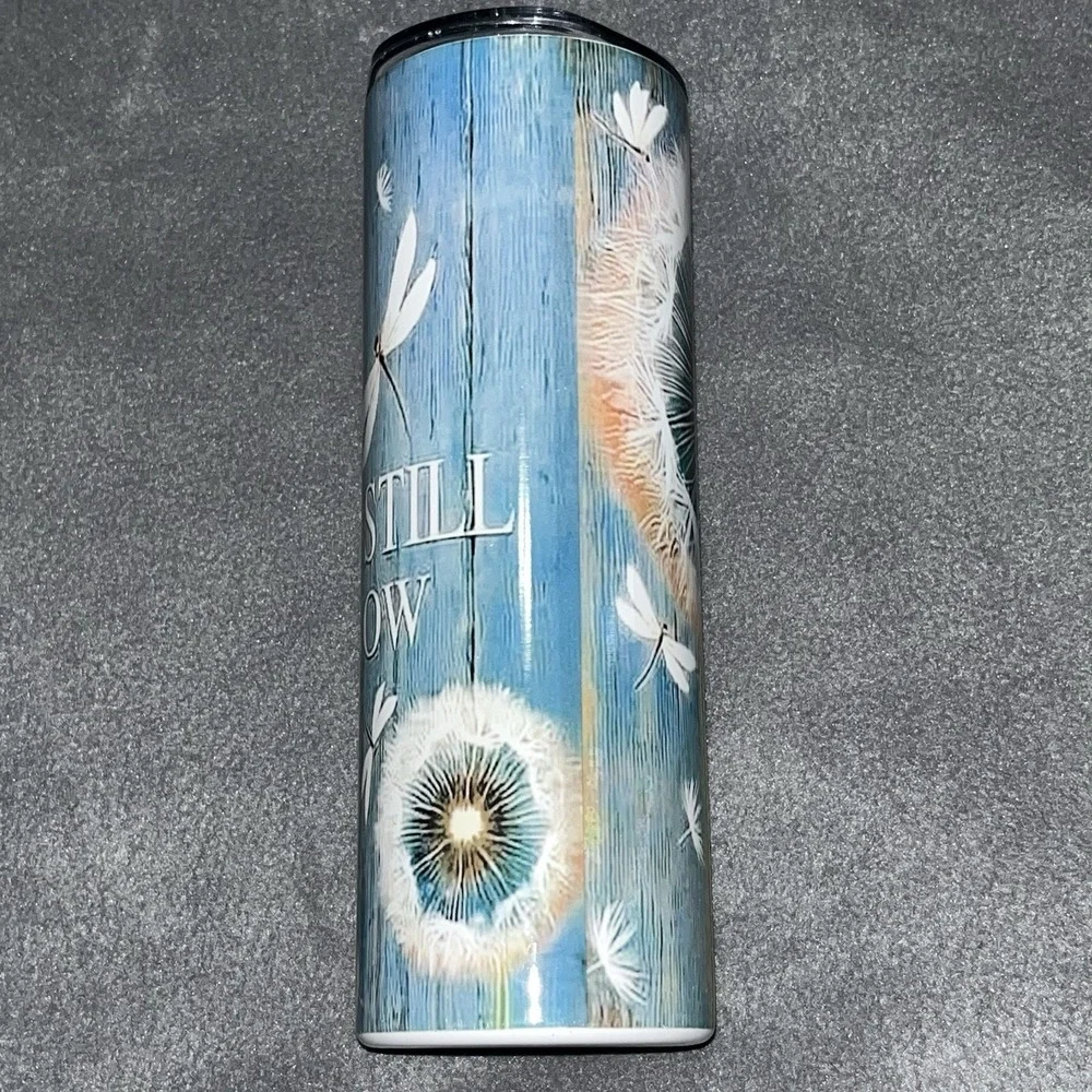 Be Still & Know Blue Wood Dragonflies/Dandelions 20 oz Insulated Skinny‎ Tumbler